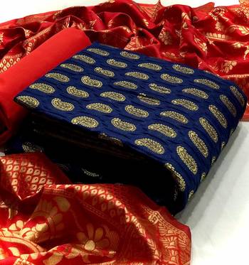  Blue Banarasi silk Unstitched dress material 1