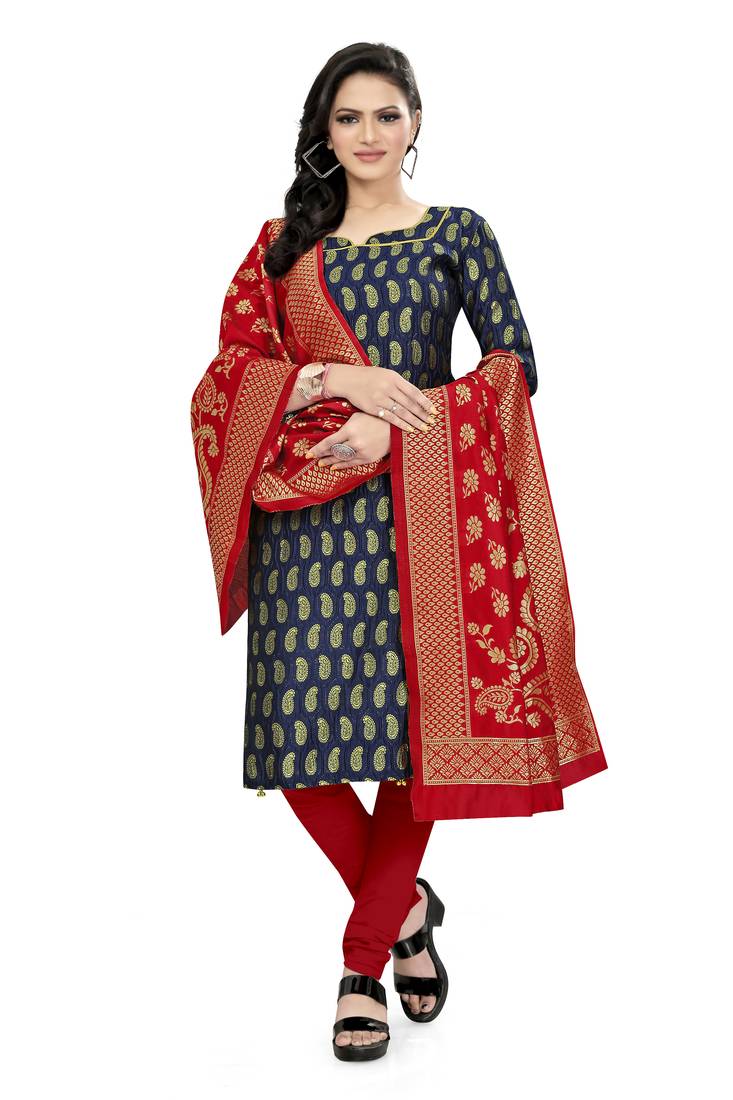  Blue Banarasi silk Unstitched dress material