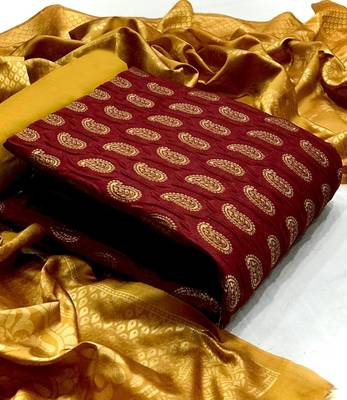  Maroon Banarasi silk Unstitched dress material 1