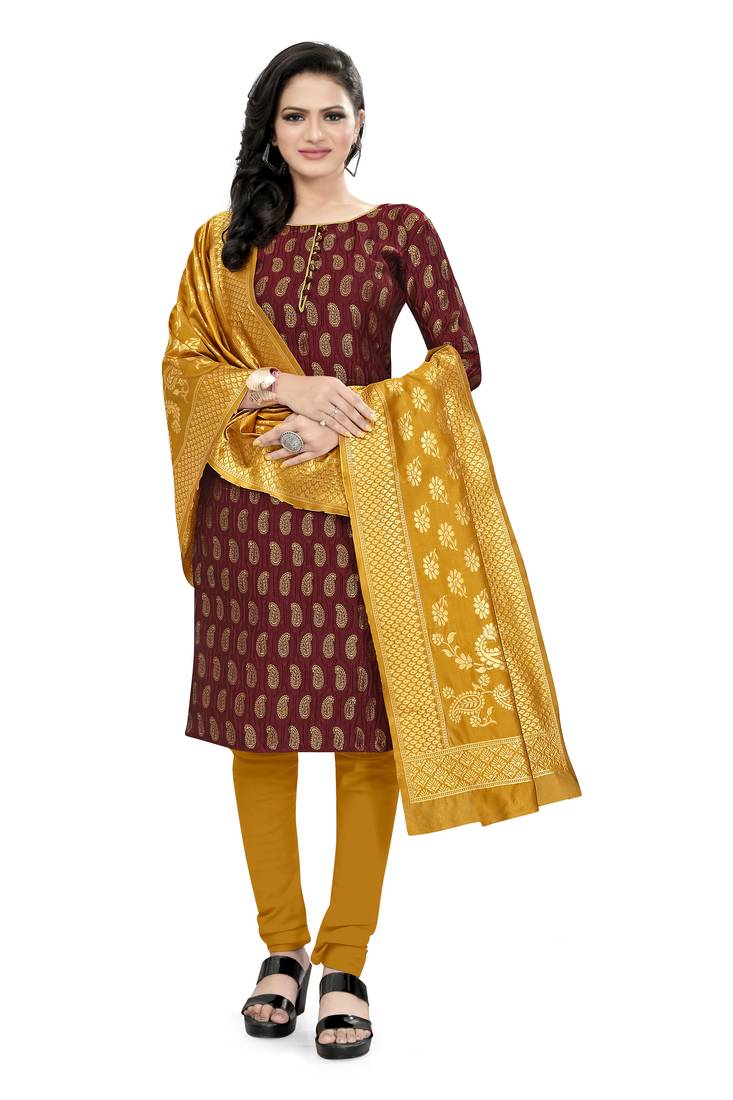  Maroon Banarasi silk Unstitched dress material