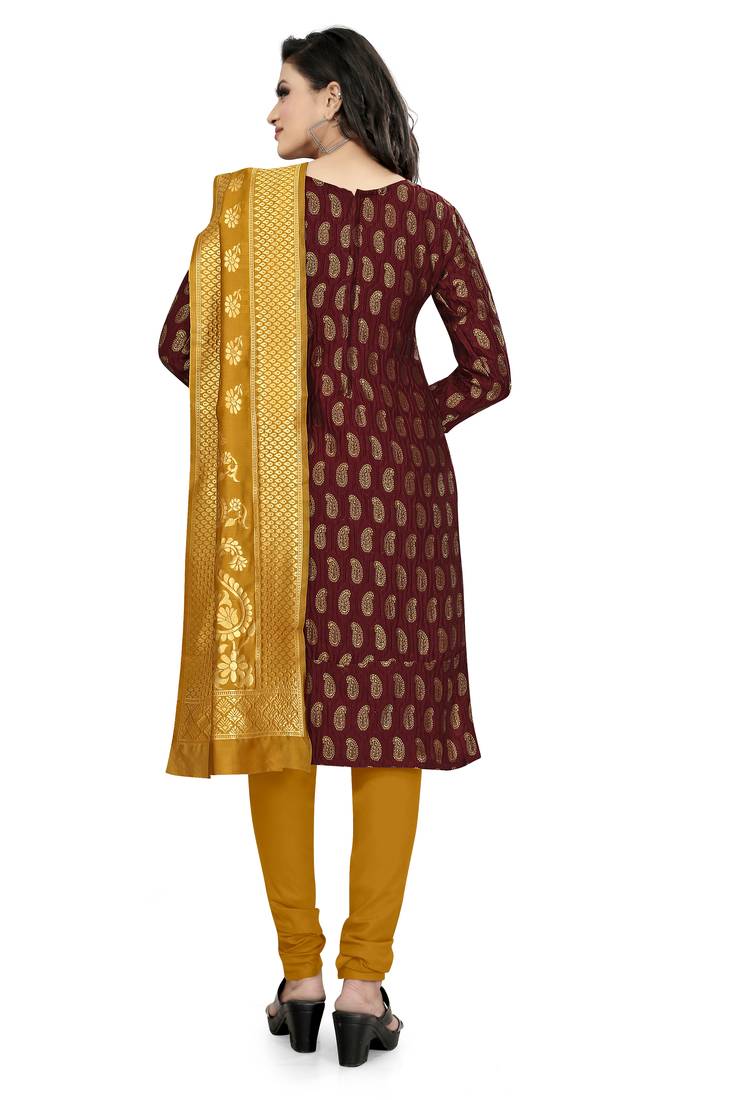  Maroon Banarasi silk Unstitched dress material