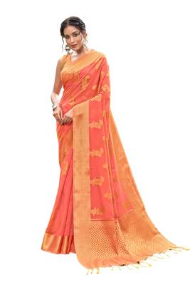 Peach woven organza saree with blouse 1
