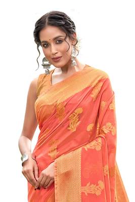 Peach woven organza saree with blouse 2