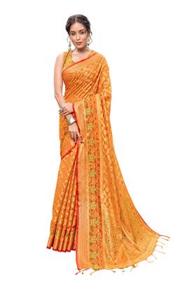 Orange woven banarasi silk saree with blouse 1