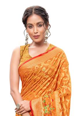 Orange woven banarasi silk saree with blouse 2