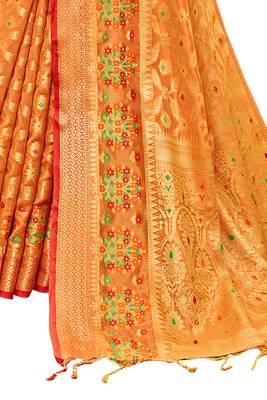 Orange woven banarasi silk saree with blouse 3