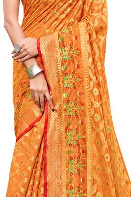 Orange woven banarasi silk saree with blouse 4