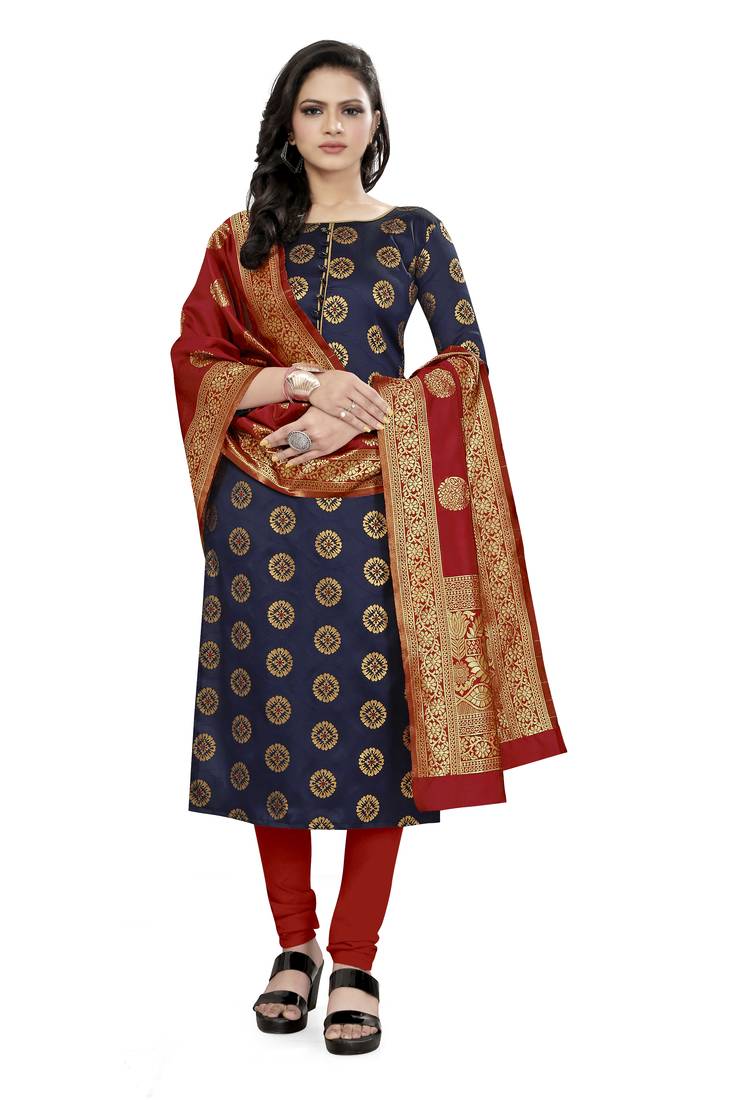  Blue Banarasi silk Unstitched dress material