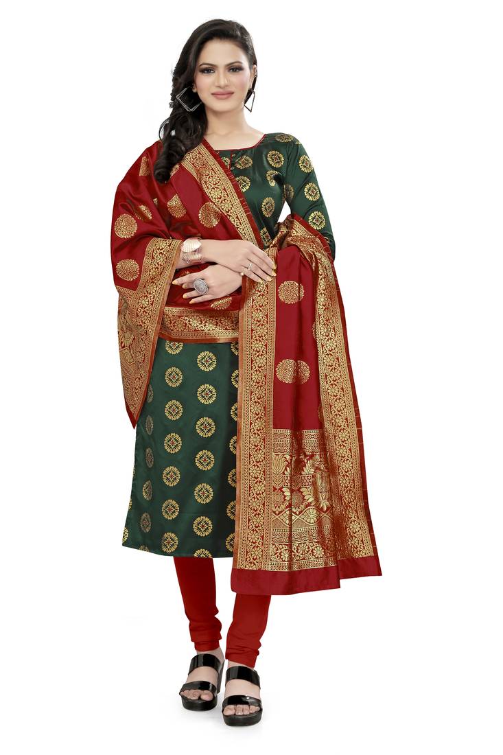  Green Banarasi silk Unstitched dress material