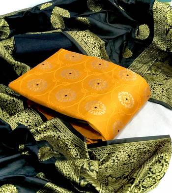  Yellow Banarasi silk Unstitched dress material 1