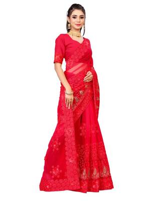 woven Red Net saree with blouse 1