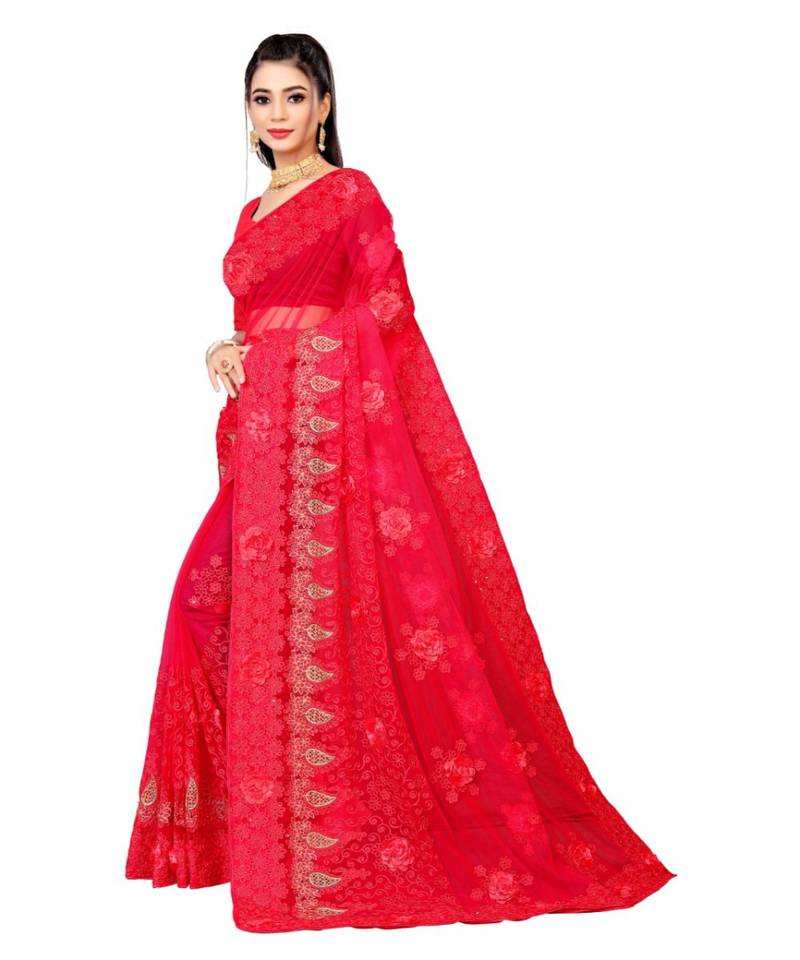 woven Red Net saree with blouse
