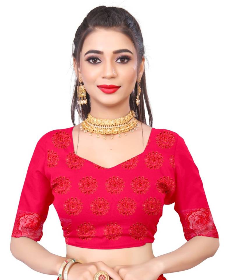 woven Red Net saree with blouse