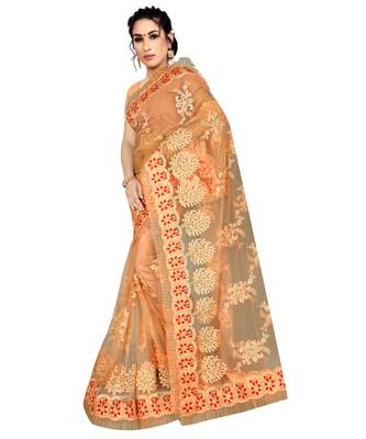 woven Orange Net saree with blouse 1