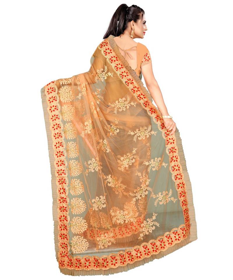woven Orange Net saree with blouse
