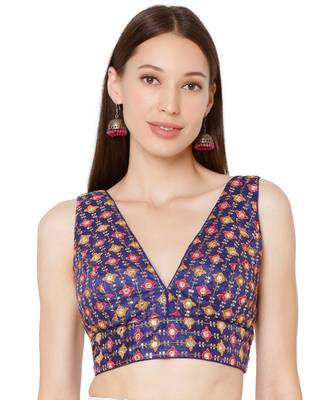Women's Royal Blue Brocade Embroidered Readymade Saree Blouse 1