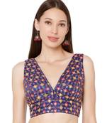 Women's Royal Blue Brocade Embroidered Readymade Saree Blouse