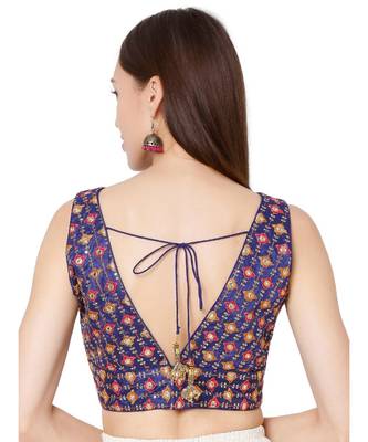 Women's Royal Blue Brocade Embroidered Readymade Saree Blouse 2