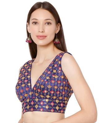 Women's Royal Blue Brocade Embroidered Readymade Saree Blouse 3