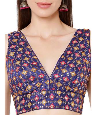 Women's Royal Blue Brocade Embroidered Readymade Saree Blouse 5