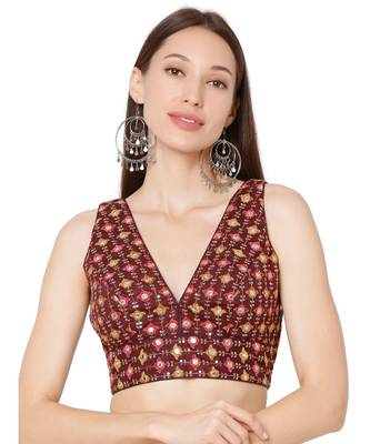 Women's Maroon Brocade Embroidered Readymade Saree Blouse 1
