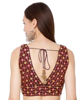 Women's Maroon Brocade Embroidered Readymade Saree Blouse 2