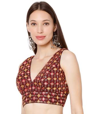 Women's Maroon Brocade Embroidered Readymade Saree Blouse 3