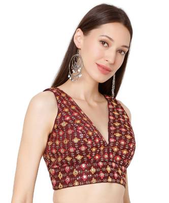 Women's Maroon Brocade Embroidered Readymade Saree Blouse 4