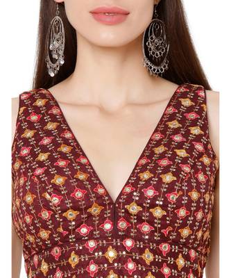 Women's Maroon Brocade Embroidered Readymade Saree Blouse 5