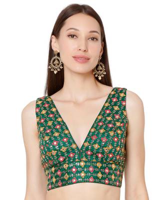 Women's Green Brocade Embroidered Readymade Saree Blouse 1