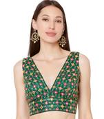 Women's Green Brocade Embroidered Readymade Saree Blouse