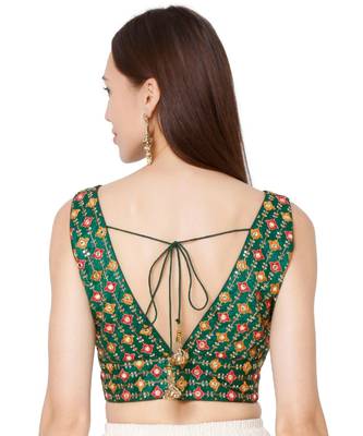 Women's Green Brocade Embroidered Readymade Saree Blouse 2