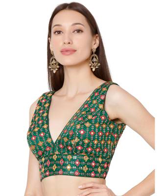 Women's Green Brocade Embroidered Readymade Saree Blouse 3