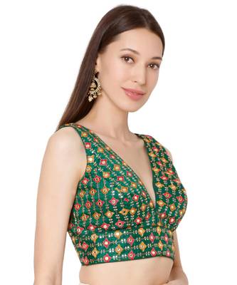 Women's Green Brocade Embroidered Readymade Saree Blouse 4