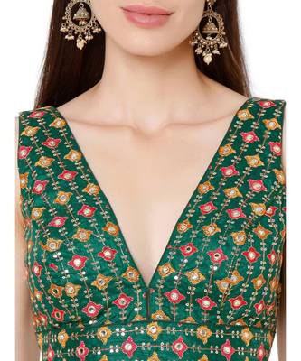 Women's Green Brocade Embroidered Readymade Saree Blouse 5
