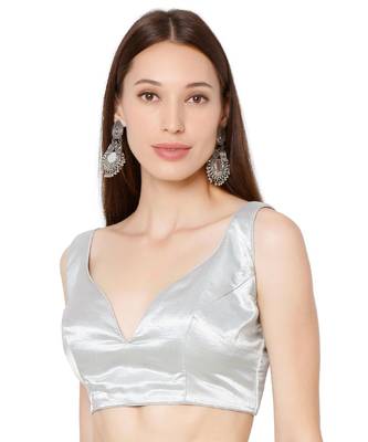 Women's Silver Silk Solid Readymade Saree Blouse 3