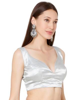 Women's Silver Silk Solid Readymade Saree Blouse 4