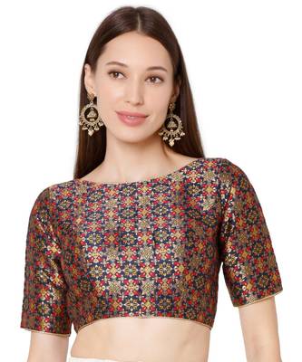 Women's Navy Blue Brocade Embroidered Readymade Saree Blouse 1
