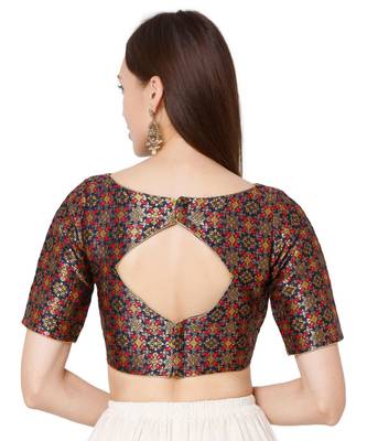 Women's Navy Blue Brocade Embroidered Readymade Saree Blouse 2