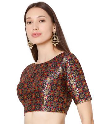 Women's Navy Blue Brocade Embroidered Readymade Saree Blouse 3