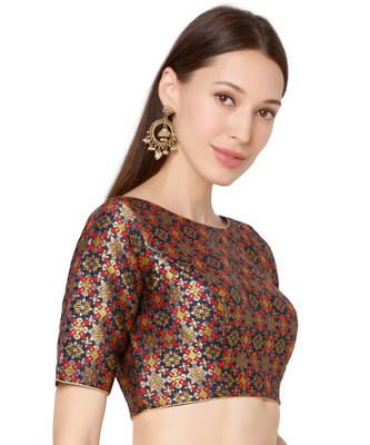 Women's Navy Blue Brocade Embroidered Readymade Saree Blouse 4