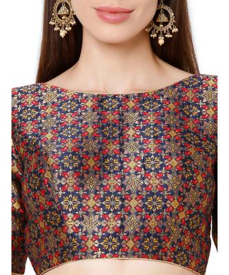 Women's Navy Blue Brocade Embroidered Readymade Saree Blouse 5