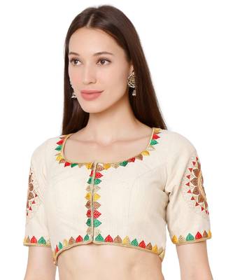 Women's Gold Handloom Cotton Embroidered Readymade Saree Blouse 3