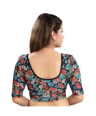 Women's Navy Blue Lycra Printed Stretchable Readymade Saree Blouse 2