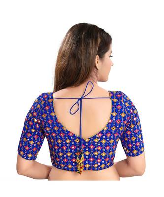 Women's Royal Blue Brocade Embroidered Readymade Saree Blouse 2