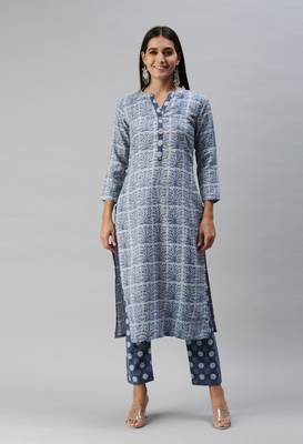 SheWill Women Indigo Floral Printed Cotton Blend Kurta with Palazzos 1