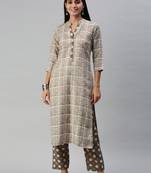 SheWill Women Grey Floral Printed Cotton Blend Kurta with Palazzos