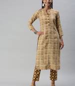 SheWill Women Olive Floral Printed Cotton Blend Kurta with Palazzos