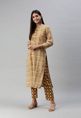 SheWill Women Olive Floral Printed Cotton Blend Kurta with Palazzos 2
