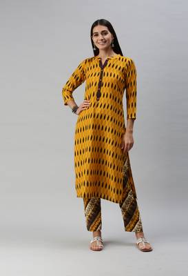 SheWill Women Mustard and Brown Ethnic Motifs Ikat Printed Regular Kurta with Palazzo Style Pant 1